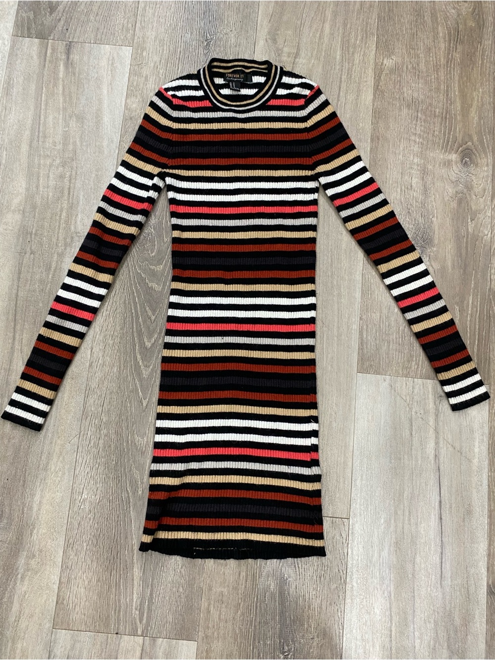 Forever 21 Black Multi-Stripe Ribbed Long-Sleeve Dress